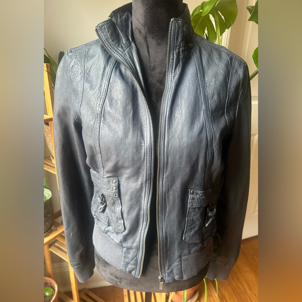 Mexx Dark Navy Blue Leather Bomber jacket, Large (fits small)